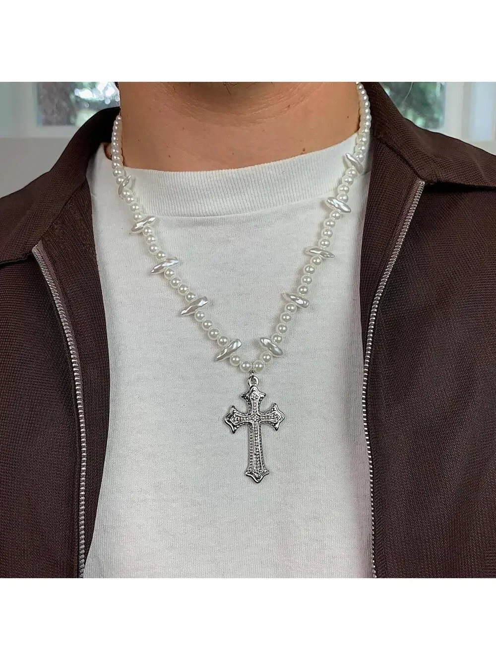 Cyber Grunge y2k Style Pearl Necklace with Gothic Silver Cross. 18-21 inches